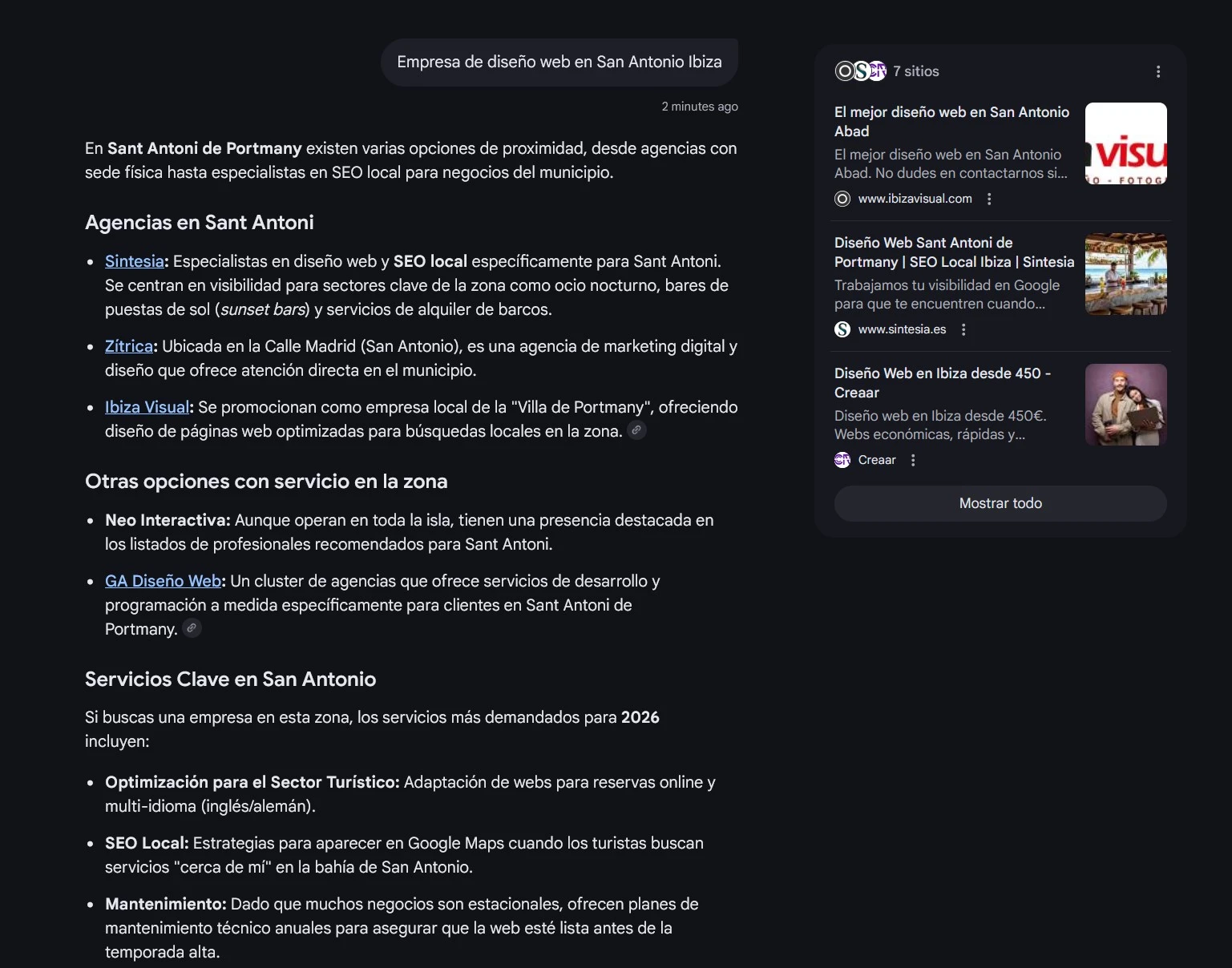 Sintesia apareciendo en resumen IA de Google para diseño web San Antonio